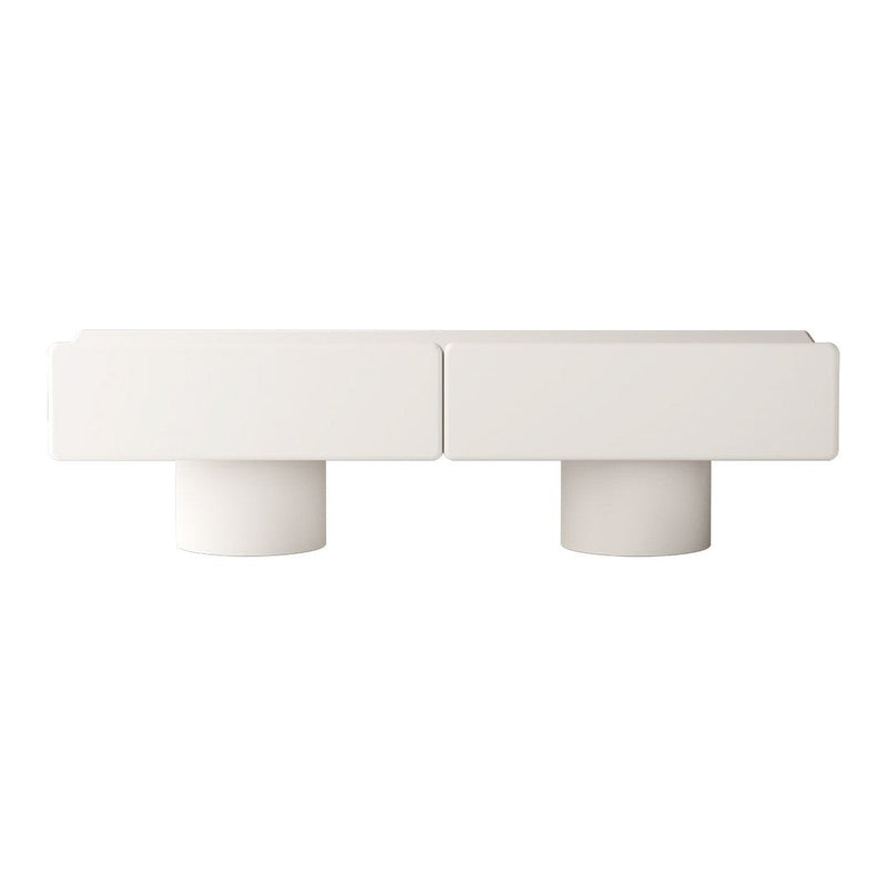 Modern white coffee table featuring a minimalist design with smooth surfaces and cylindrical legs.