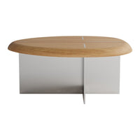 Modern coffee table with a natural wood top and sleek silver metal base, featuring a unique oval shape.