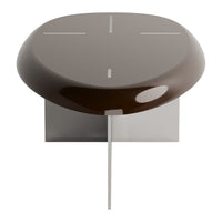 Modern brown tabletop with sleek white accents on a minimalist silver base. Stylish design for contemporary decor.