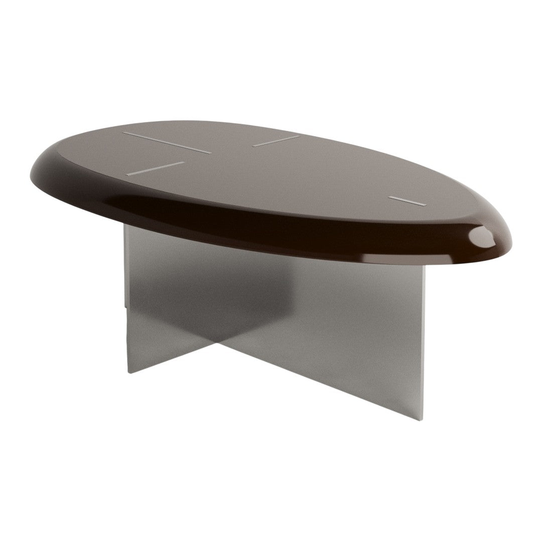 Brown oval coffee table with a sleek, glossy finish and a minimalist clear base. Modern design with clean lines.