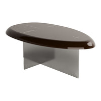 Brown oval coffee table with a sleek, glossy finish and a minimalist clear base. Modern design with clean lines.