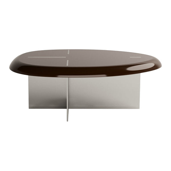 Brown glossy surface coffee table with sleek silver base and minimalist design. Perfect for modern interiors.