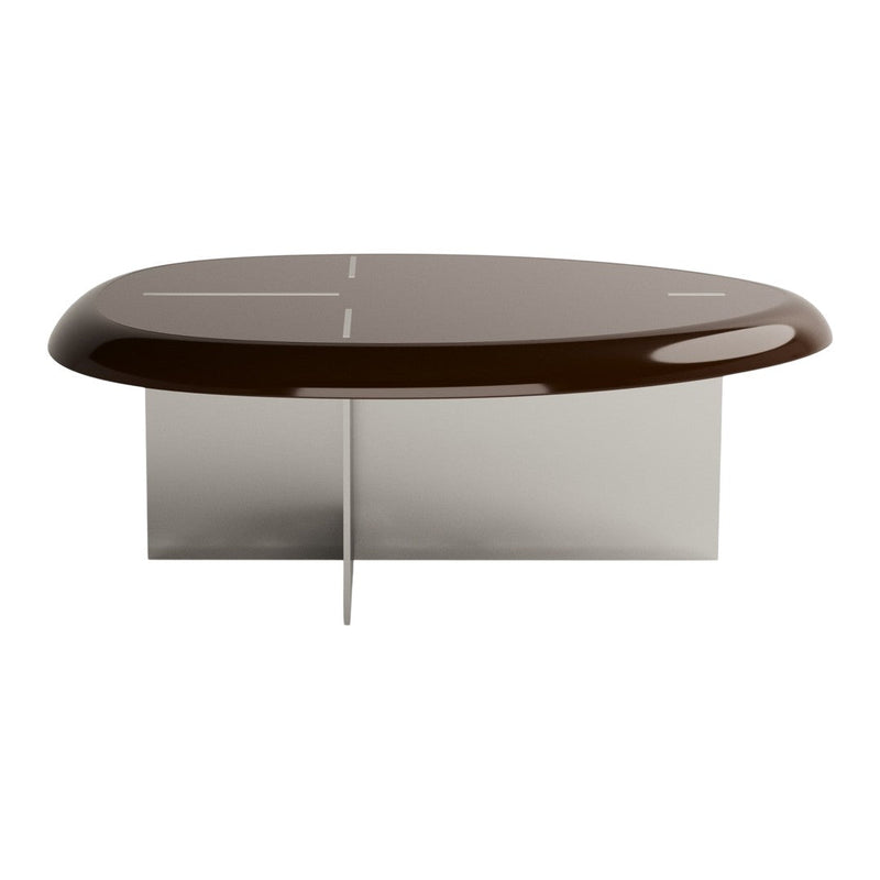 Brown glossy surface coffee table with sleek silver base and minimalist design. Perfect for modern interiors.