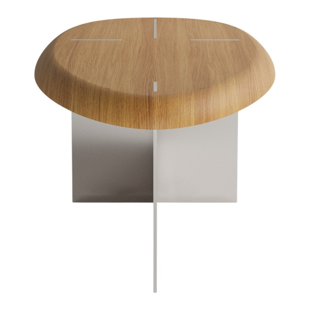 Wooden tabletop in a light oak finish with sleek silver base, featuring a smooth, rounded design.