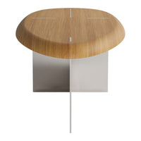 Wooden tabletop in a light oak finish with sleek silver base, featuring a smooth, rounded design.