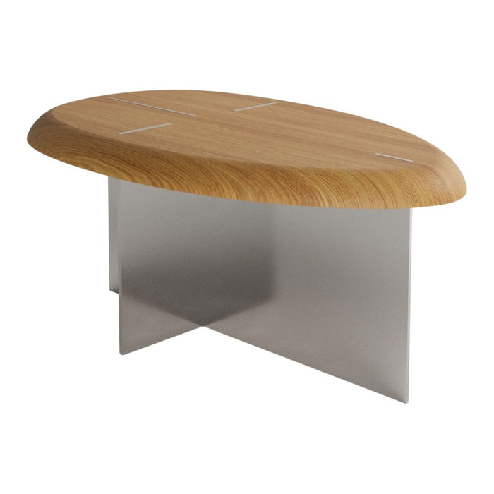 Natural wooden top with a smooth grain pattern, paired with a sleek metallic base for a modern aesthetic.