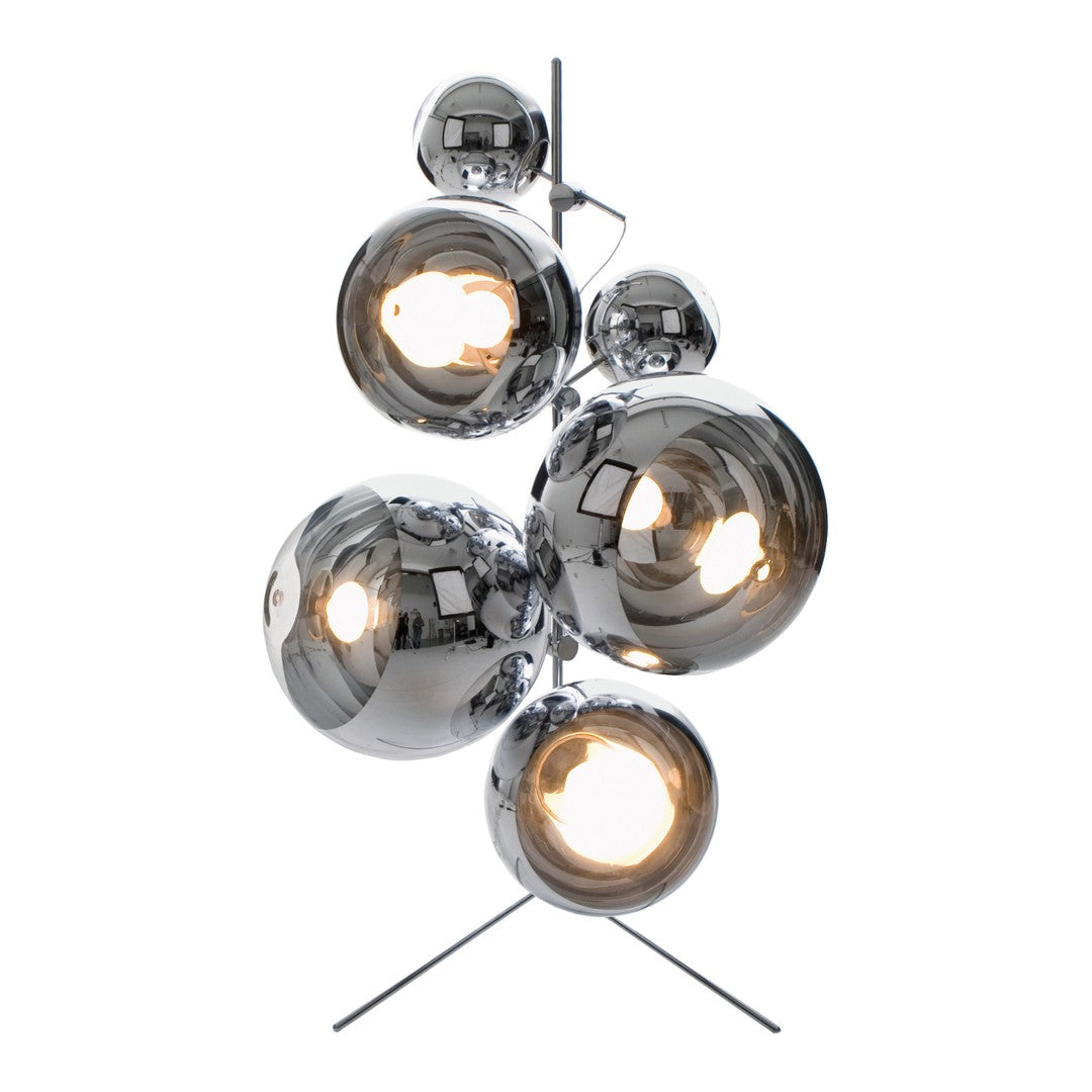 Sleek chrome finish with rounded mirrored spheres creating a modern, reflective pattern in a stylish lamp design.