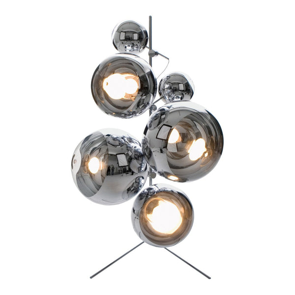 Sleek chrome finish with rounded mirrored spheres creating a modern, reflective pattern in a stylish lamp design.