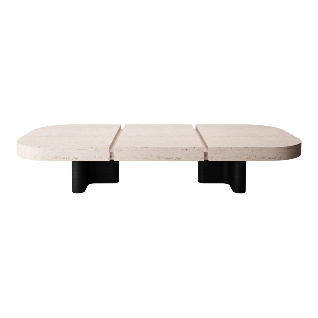 Rectangular light beige coffee table with black accents and smooth surface, featuring subtle natural patterns.