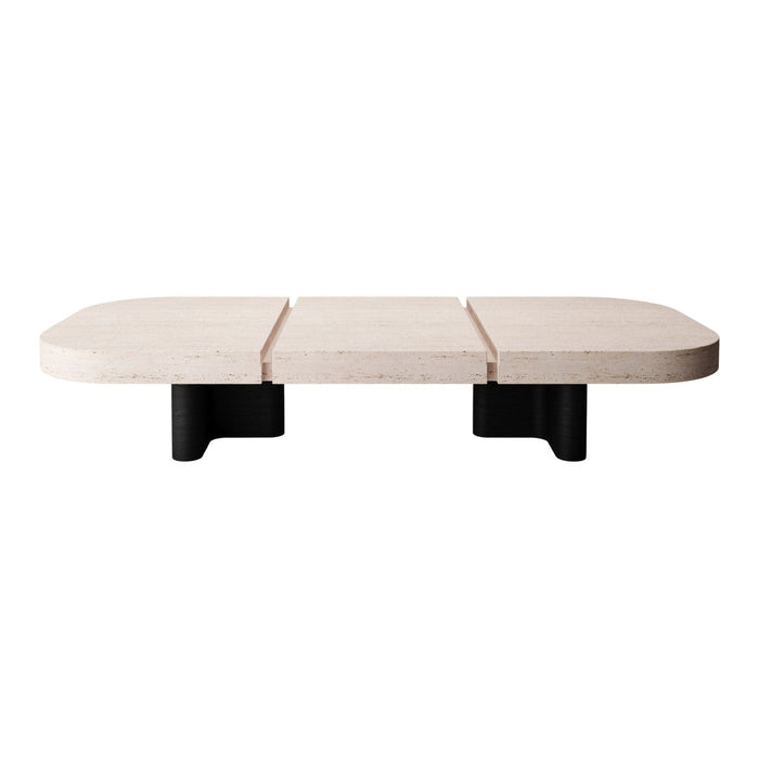 Rectangular light beige coffee table with black accents and smooth surface, featuring subtle natural patterns.