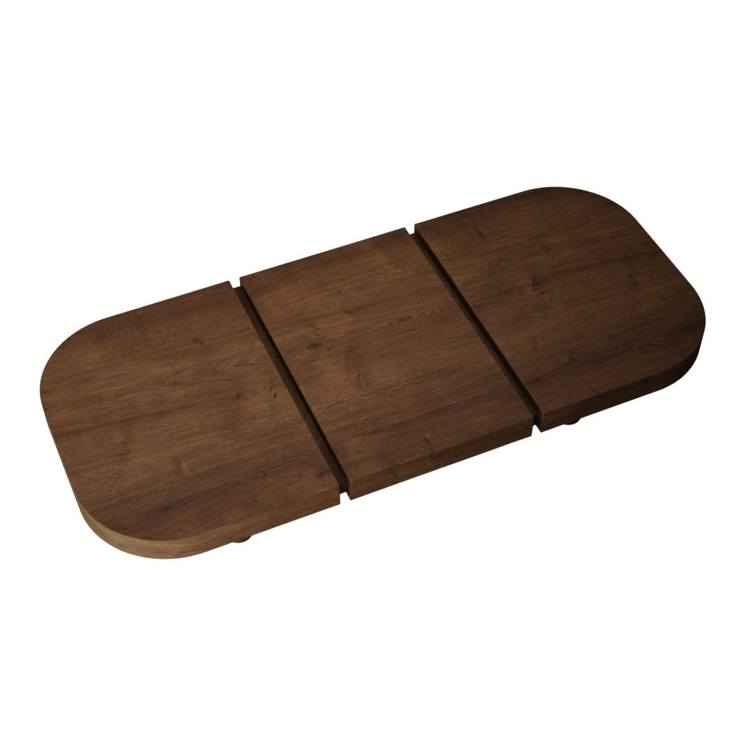 Brown wooden table with a smooth finish and rounded edges, featuring a simplistic, modern design.