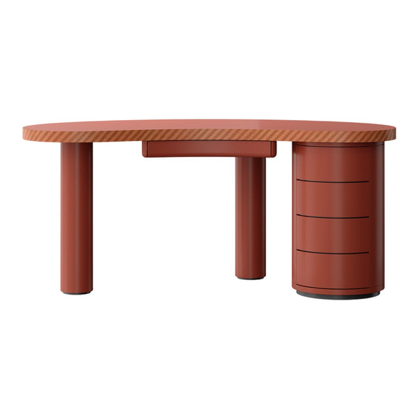 "Curved rust-colored desk with horizontal striped pattern on the tabletop and solid red cylinder base."