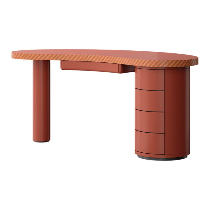Curved red desk with a textured, striped surface and smooth cylindrical legs. Modern design with warm, earthy tones.