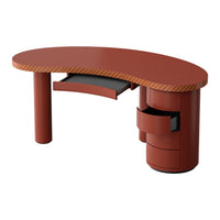 Curved red desk with a textured border and sleek black drawer accents. Modern design with a unique color combination.