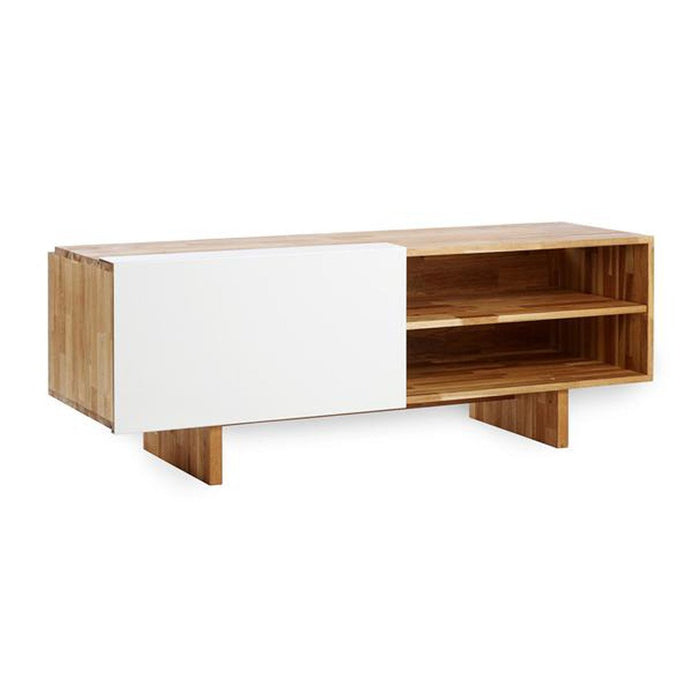 Natural wood grain with a sleek white panel, featuring minimalist design and clean lines for modern decor.