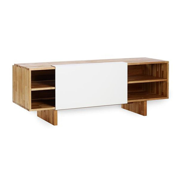 Natural bamboo wood media console with a sleek white sliding door and minimalist design, perfect for modern interiors.