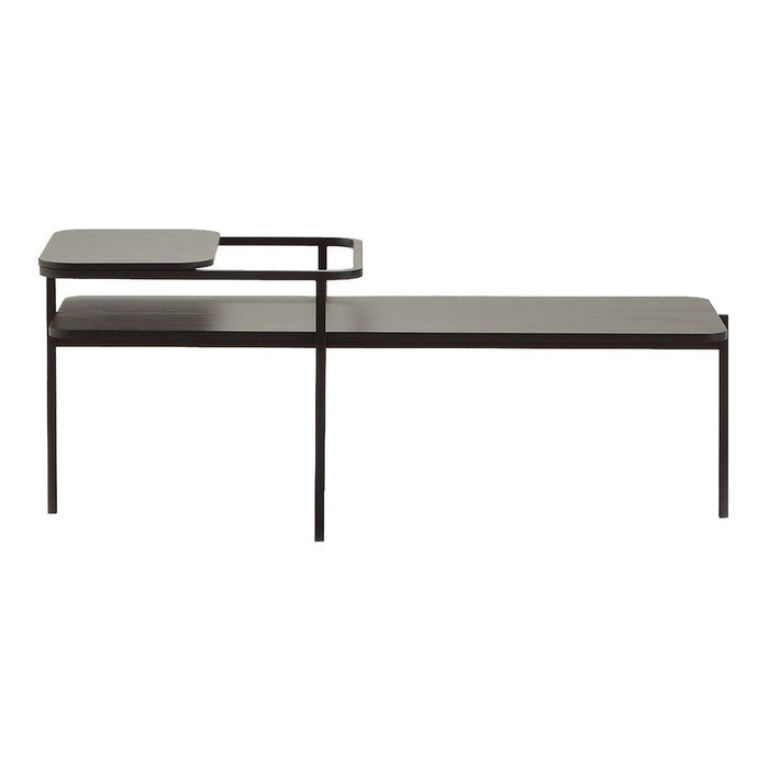 Minimalist black metal bench with sleek lines and a smooth surface. Modern design suitable for any decor.