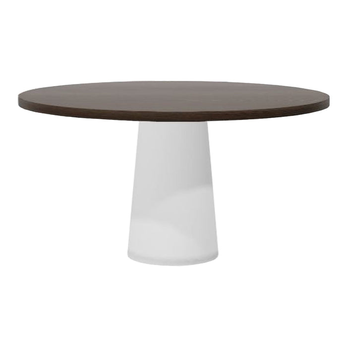 Round dining table with a dark wooden top and a sleek white conical base. Modern design with contrasting colors.