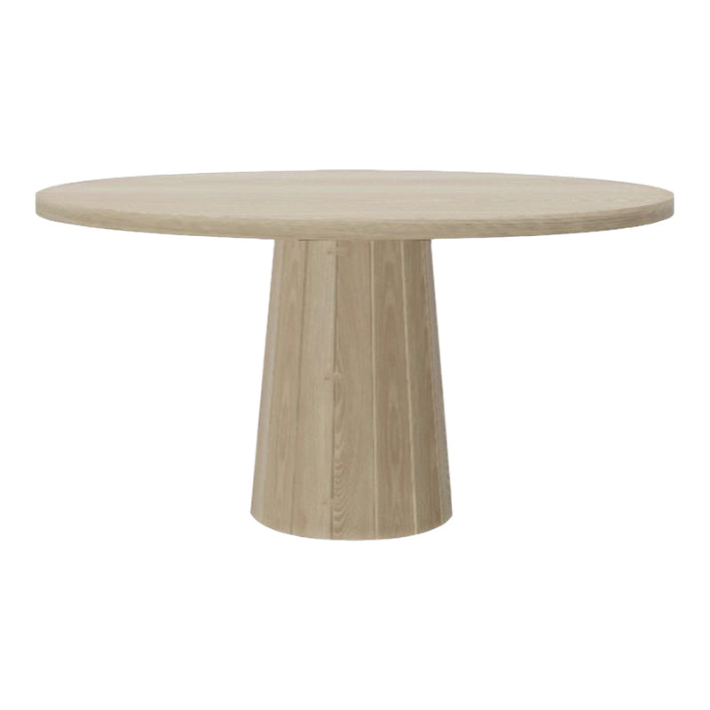 Light beige round dining table with a smooth surface and textured cylindrical pedestal base. Minimalist design.