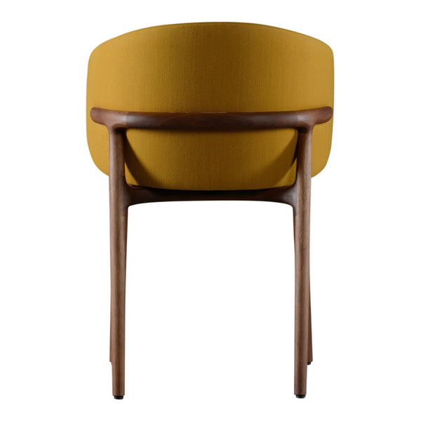 Modern chair with a mustard yellow cushion and walnut wood legs, featuring a smooth, minimalist design.