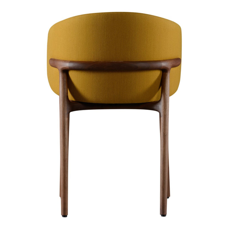 Modern chair with a mustard yellow cushion and walnut wood legs, featuring a smooth, minimalist design.