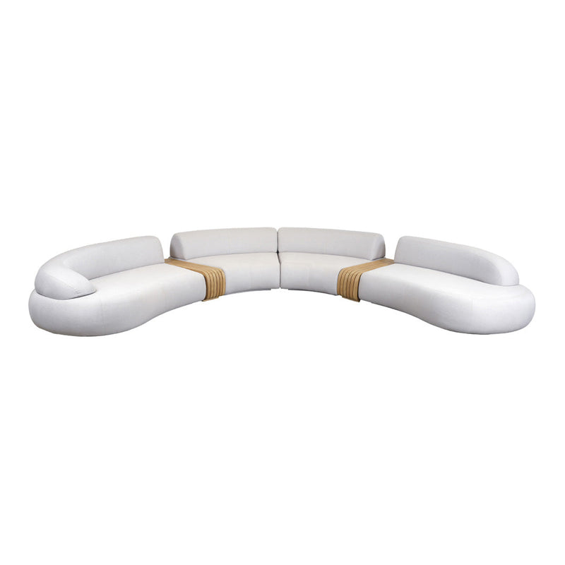 Curved white sofa with smooth lines and natural wood accents, perfect for modern and minimalist decor.