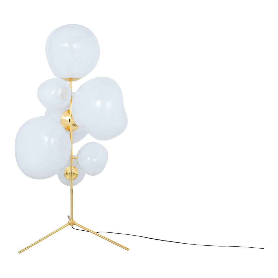 White glass bubble lamp on a gold tripod base, featuring a modern, minimalist design with smooth, rounded shapes.