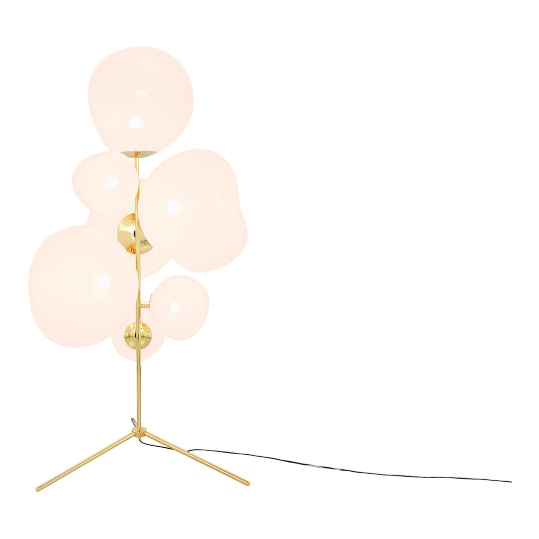 Elegant floor lamp with soft white glass globes and a sleek gold base for a modern touch. Perfect for stylish decor.