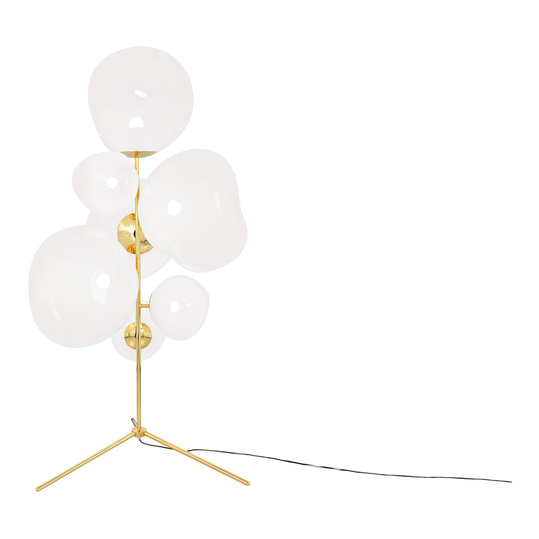 White glass globes with a sleek gold metal base, creating a modern, minimalist design. Elegant and contemporary aesthetic.