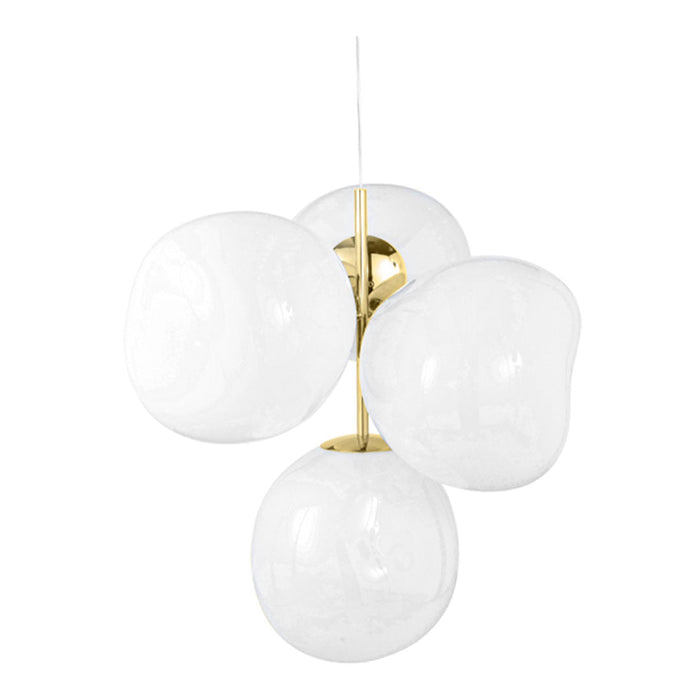 Modern pendant light featuring four glossy white glass globes with a sleek golden fixture. Perfect for contemporary spaces.