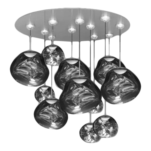 Modern pendant light with shiny metallic gray and black glass bulb shapes, featuring varied textures and smooth finishes.