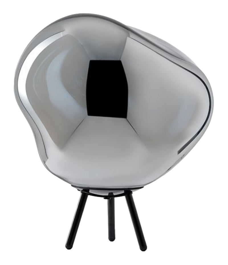 Modern silver abstract chair with a sleek, shiny finish and minimalistic black tripod base. Perfect for contemporary decor.