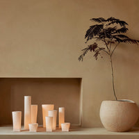 Soft beige backdrop with varied white and peach decorative candles, accented by a textured cream pot and dark green plant.