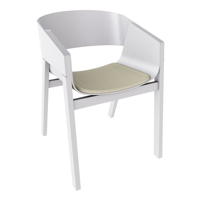 Modern white chair with smooth, minimalistic design and a light beige cushion seat. Perfect for contemporary decor.