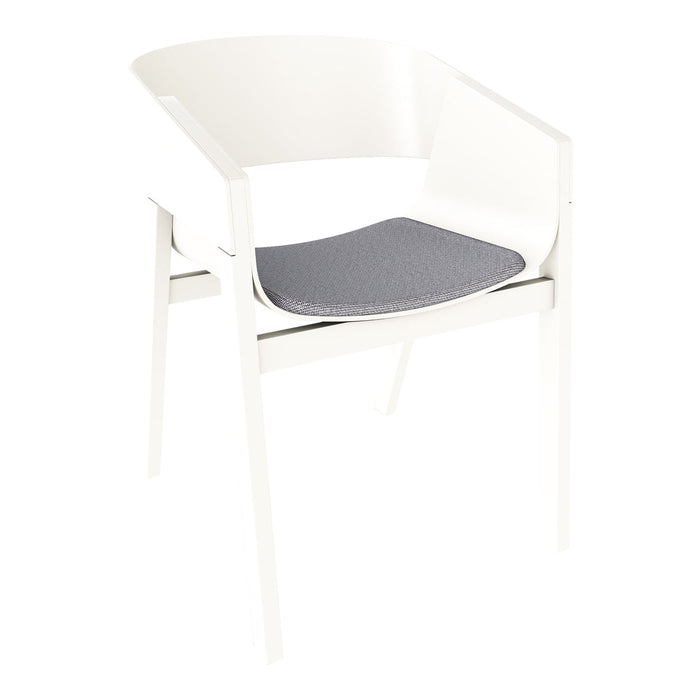 Stylish white chair with a sleek gray patterned cushion for modern decor. Ideal for versatile interiors.
