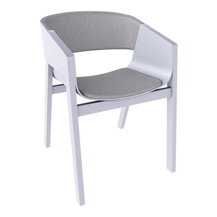 Modern white chair with a soft gray upholstered seat and back, featuring a minimalist design and clean lines.