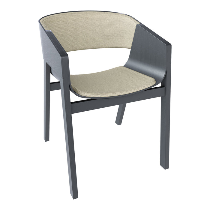 Minimalist chair with a sleek dark gray frame and light beige upholstered seat and backrest. Modern design with clean lines.