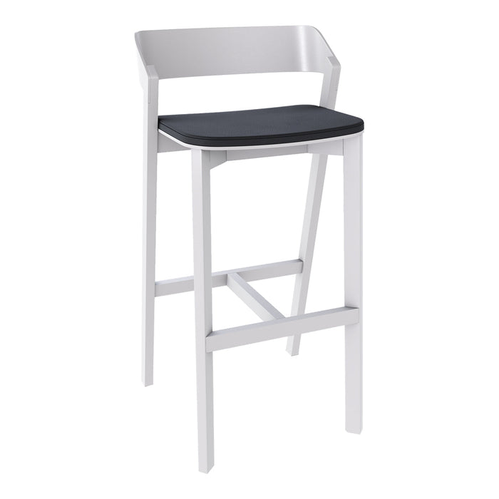 Modern bar stool in sleek silver finish with a solid black seat, showcasing minimalist design and contemporary style.