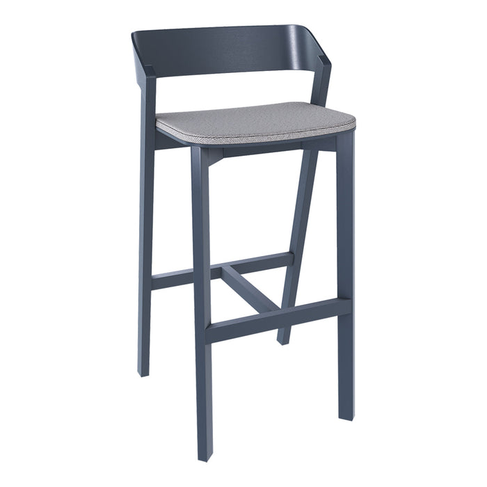 Modern gray bar stool with a sleek matte finish and a textured light gray fabric seat. Ideal for contemporary spaces.