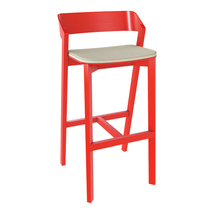Bright red bar stool with a beige seat, sleek modern design, perfect for contemporary interiors.