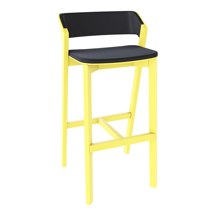 Yellow and black modern bar stool with a sleek design and simple geometric patterns. Perfect for contemporary spaces.
