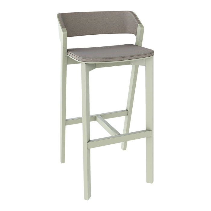 Light green bar stool with a gray seat and backrest, featuring a sleek, minimalistic design.