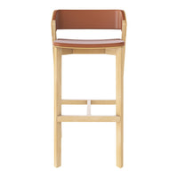 Wooden bar stool with a natural finish and a smooth brown leather seat, featuring minimalist design and clean lines.