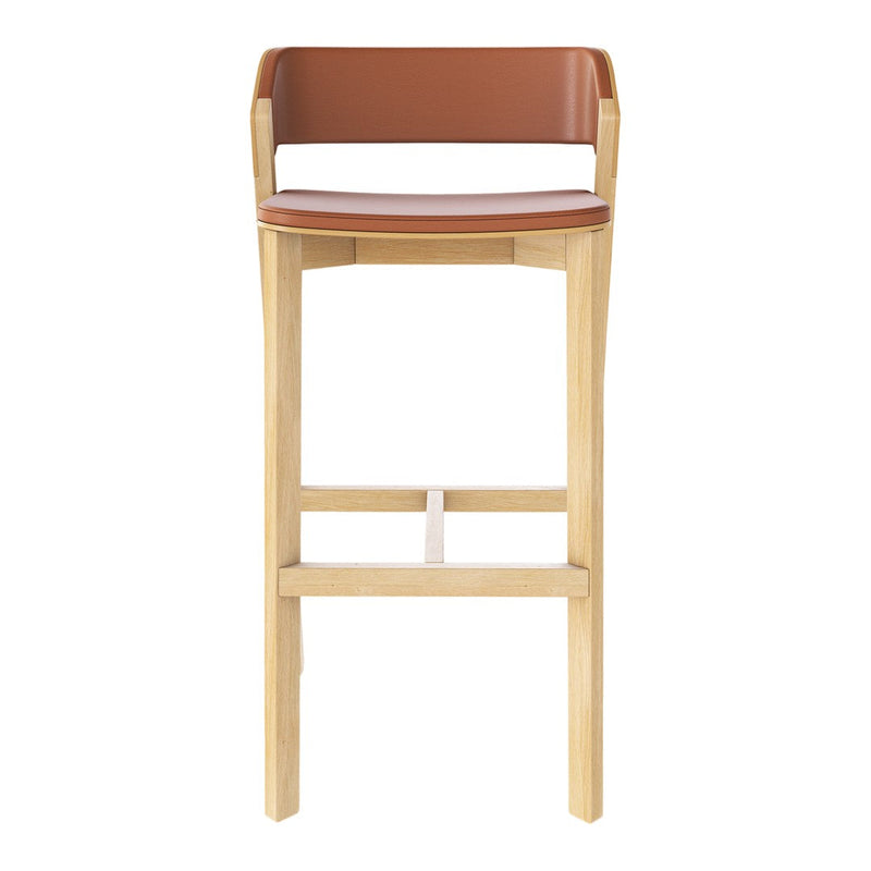 Wooden bar stool with a natural finish and a smooth brown leather seat, featuring minimalist design and clean lines.
