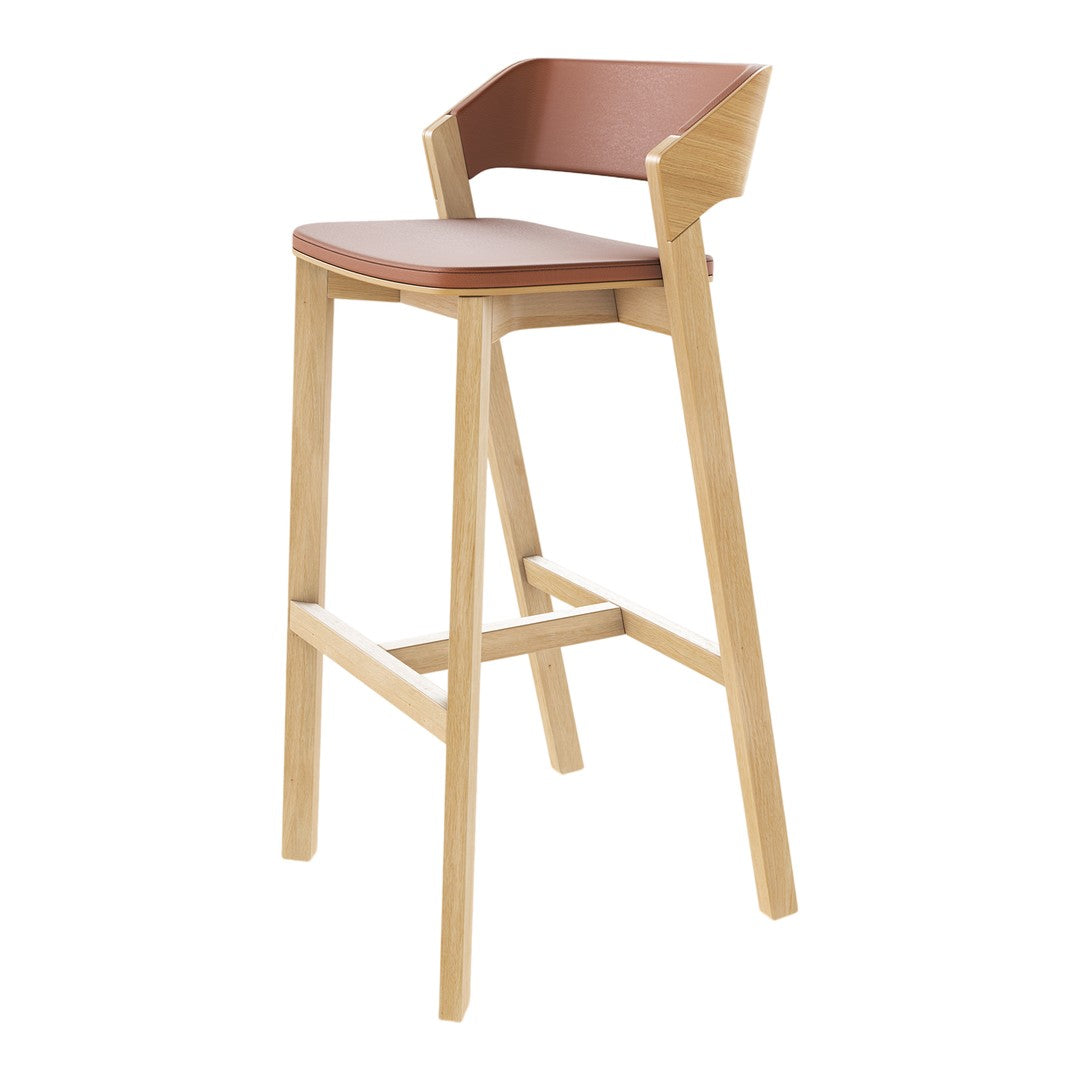 Light wood bar stool with a brown leather seat and backrest, featuring clean lines and minimalistic design.