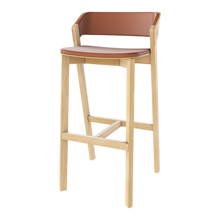 Brown leather seat and backrest on a natural wood frame, featuring a minimalist, contemporary design.
