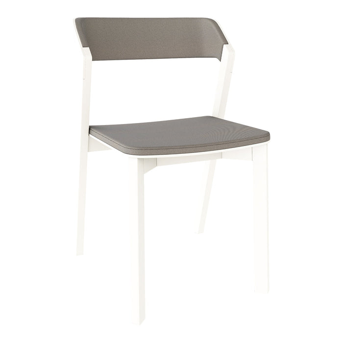 "Modern chair with a sleek white frame and a soft gray seat and backrest, featuring a minimalistic design."