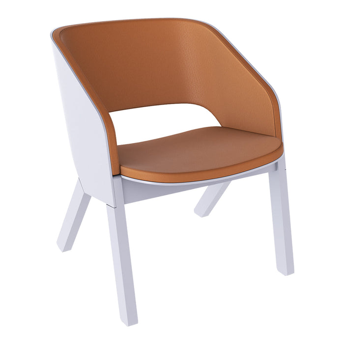 Modern chair with a sleek white frame and warm tan seat and backrest, perfect for contemporary decor.