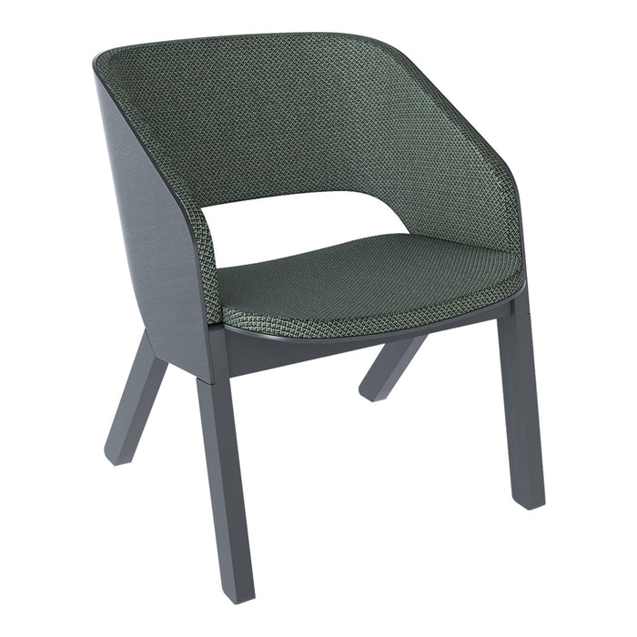 Green woven fabric chair with a sleek black frame, featuring smooth lines and contemporary design.