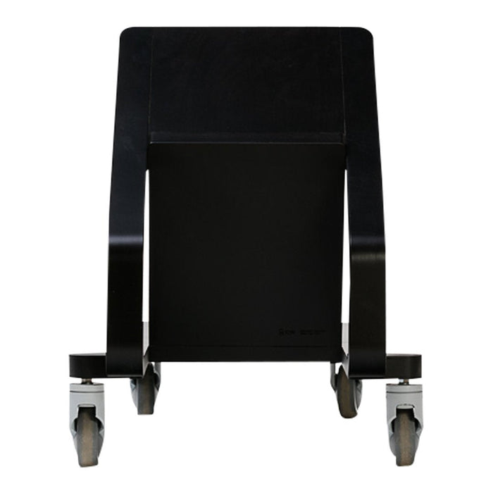 Black rolling cart with sleek, minimalist design and smooth wheels for easy mobility.